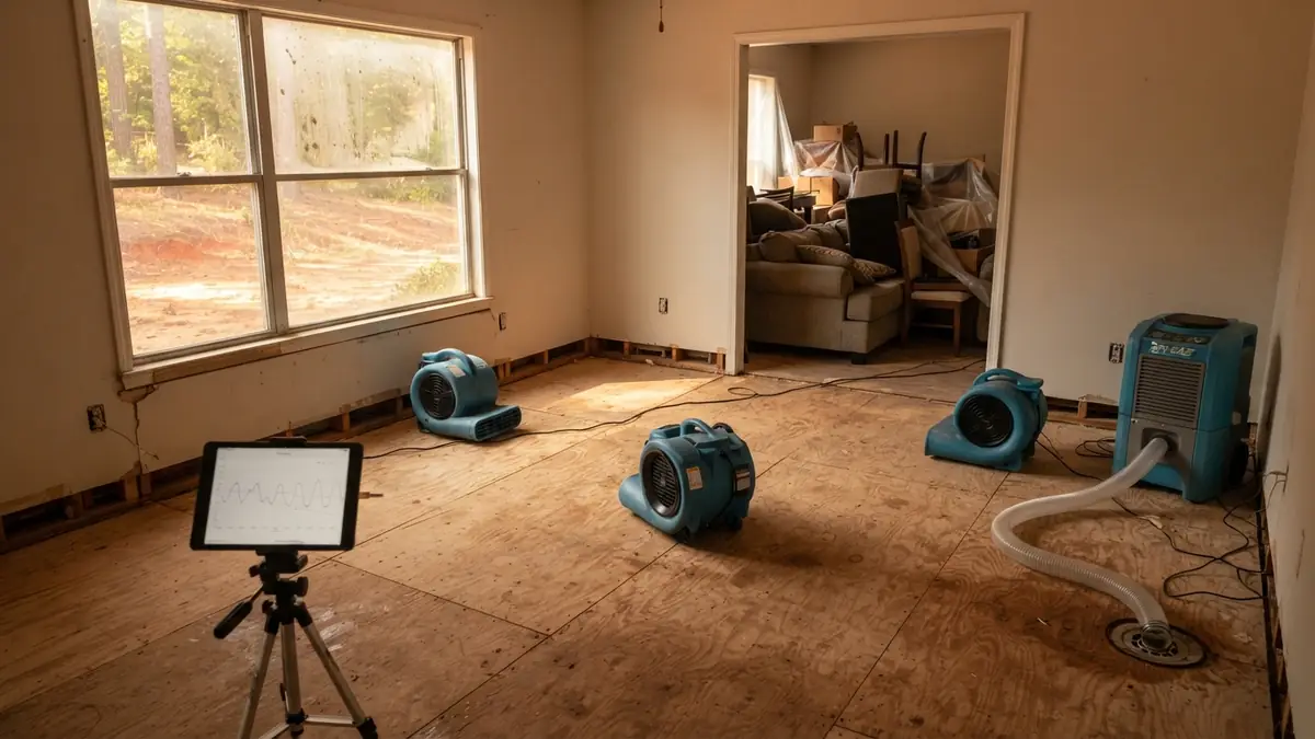 How long does water extraction take: air movers and a dehumidifier running in an emptied family room while readings are logged