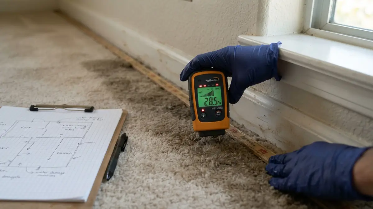 Technician running a moisture meter along a wet carpet edge and noting the wet square footage that sets the water extraction cost