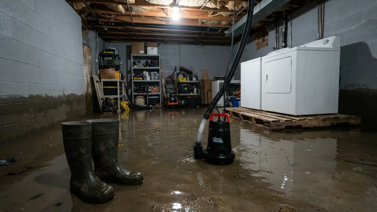 Flooded basement what to do: homeowner in rubber boots lowering a submersible pump into ankle-deep water beside a stopped sump pit in a flooded basement
