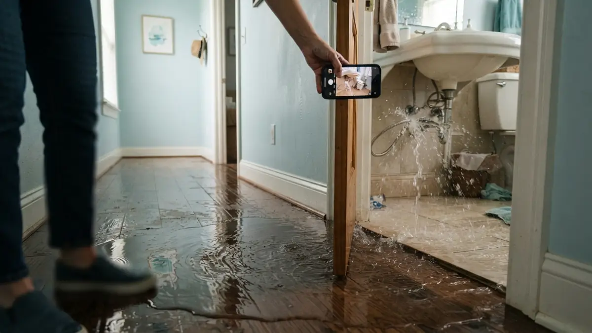 Does insurance cover water extraction: homeowner photographing a wet hallway floor and a burst supply line under a sink before calling about whether insurance covers water extraction