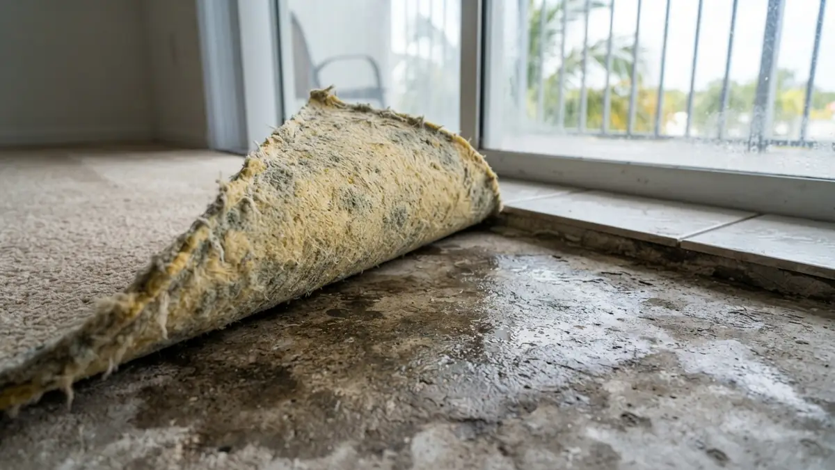 Close view of the underside of a carpet pad pulled back from a damp concrete floor, the kind of spot that shows how quickly can mold grow after a leak