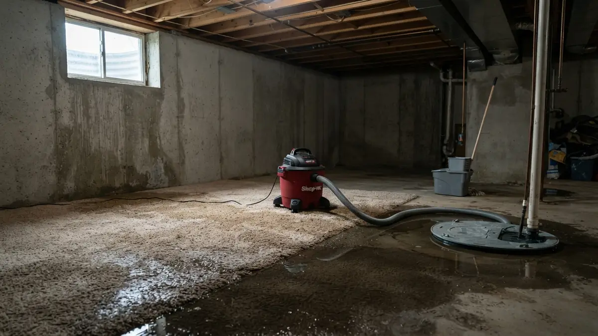 Can a shop vac extract water from carpet: a wet dry vac hose pulling water from a soaked basement carpet next to a working sump pit