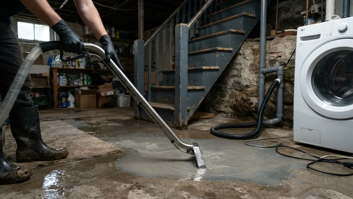 Technician in gloves and boots extracting gray water from a laundry room floor, showing how water damage categories change the job