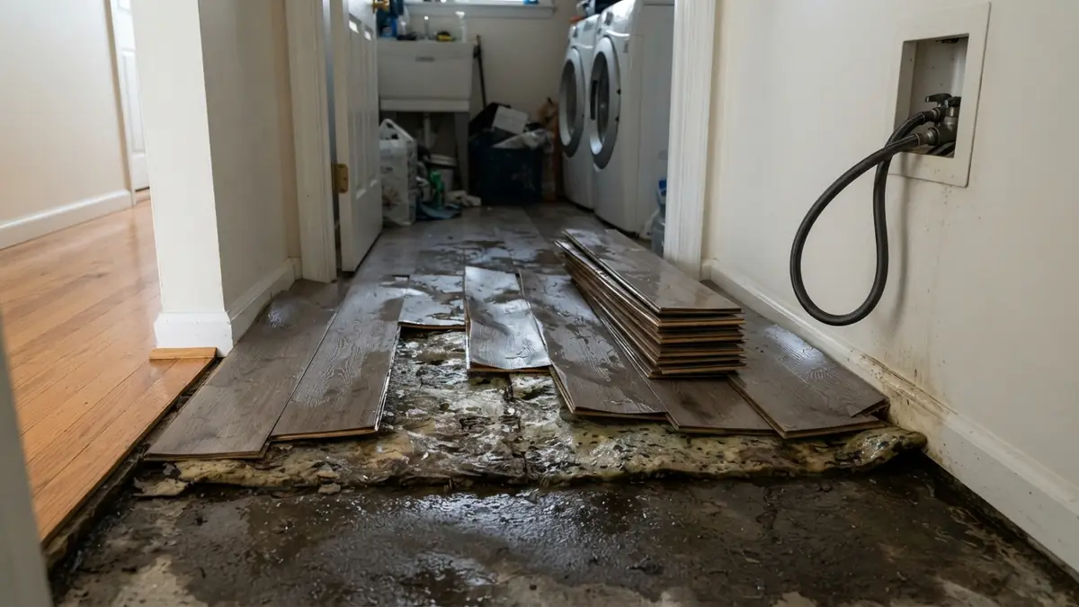 Technician lifting a row of swollen planks near a laundry room doorway to check the wet underlayment and water under laminate floor