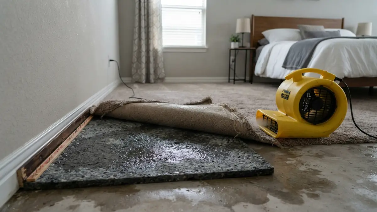 Can wet carpet be saved: a soaked bedroom carpet folded back from the tack strip with an air mover blowing underneath