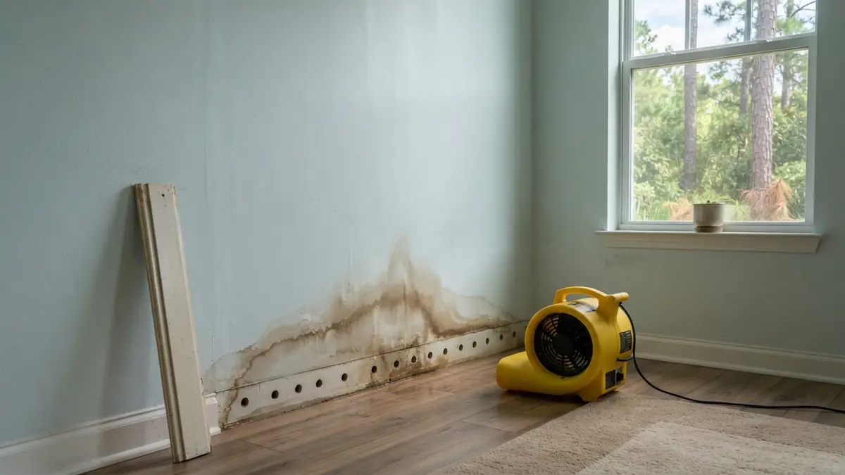 Wet drywall after leak: baseboard removed and small holes drilled low in a stained wall with an air mover aimed at the cavity