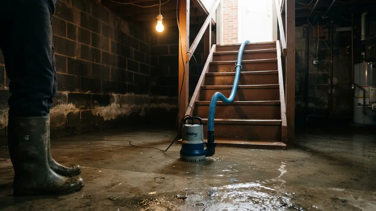 Submersible pump clearing a flooded basement during water extraction in Belleville, IL