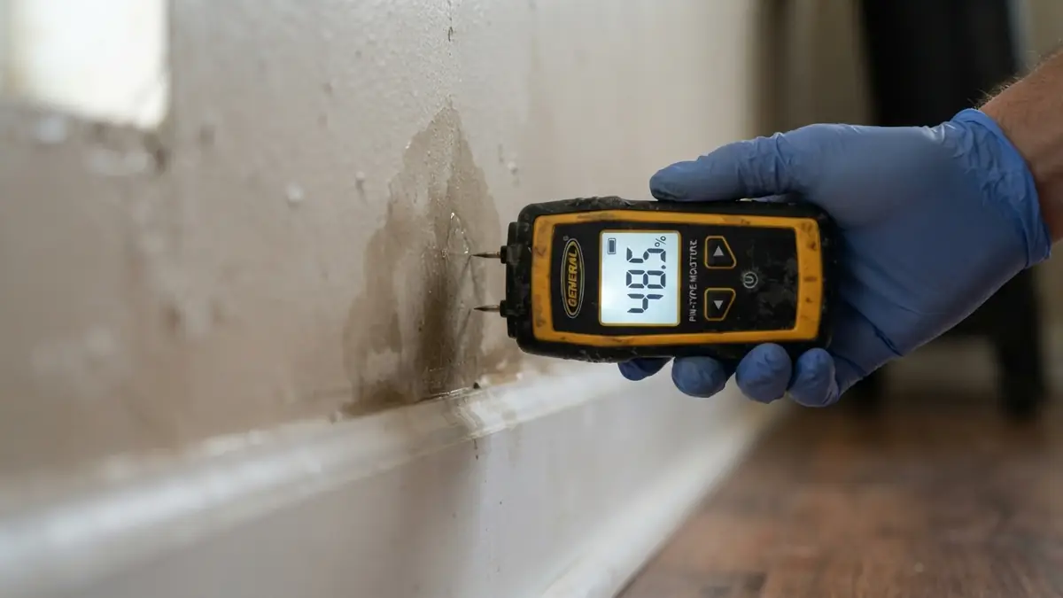 Moisture meter reading a wet baseboard during water extraction in Eureka, MO