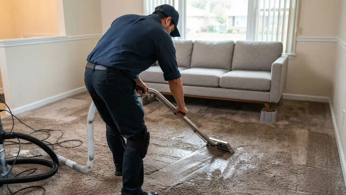 Carpet extraction wand pulling water from a soaked living room during water extraction in Garnet Valley, PA