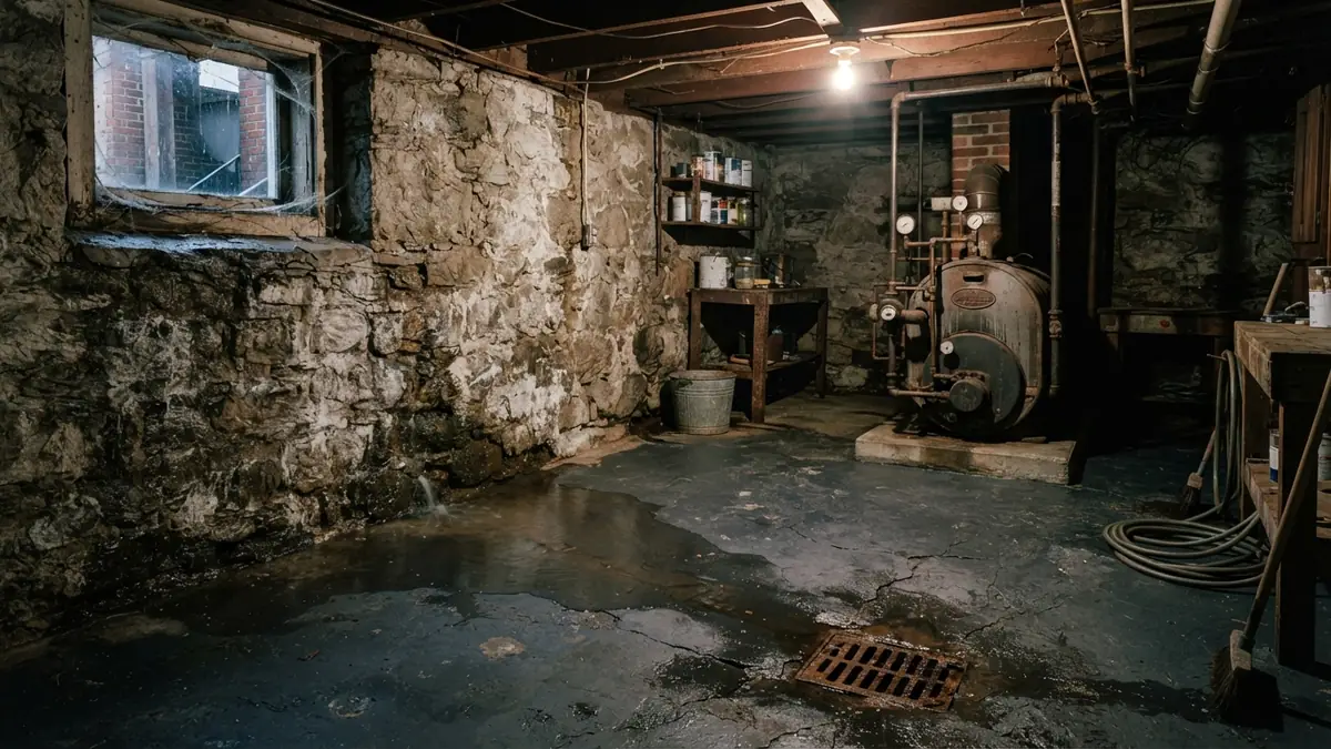 Fieldstone row-house basement with an old boiler, a floor drain and water seeping in after a summer thunderstorm (water extraction in Allison Park, PA)