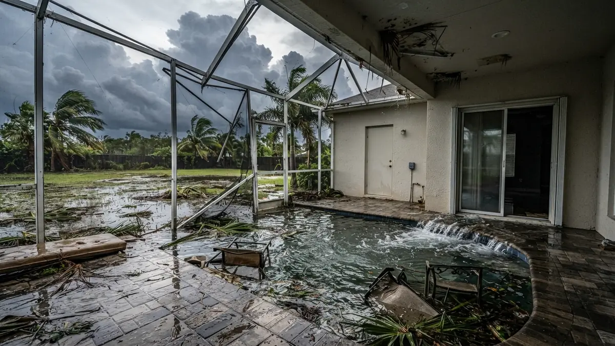 Screened lanai of a Florida block home after a tropical storm, with the pool overflowing across the pavers and torn screen panels (water extraction in Apollo Beach, FL)