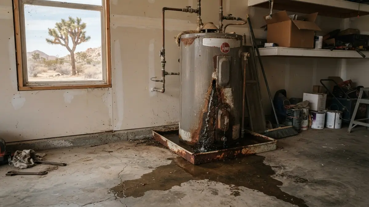 Garage in a high-desert home with a corroded water heater leaking onto the slab, and a Joshua tree outside the window (water extraction in Apple Valley, CA)