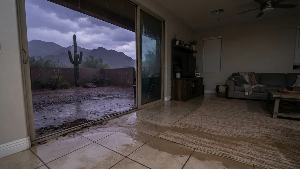 Phoenix-area great room with monsoon water spreading across the tile from the patio door, a saguaro outside (water extraction in Avondale, AZ)