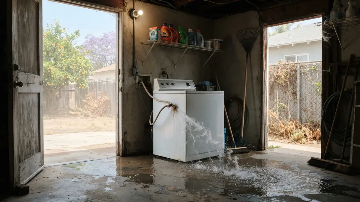 Garage laundry corner in a Los Angeles bungalow with a burst washer hose spraying across the concrete, a jacaranda and chain-link fence outside (water extraction in Azusa, CA)