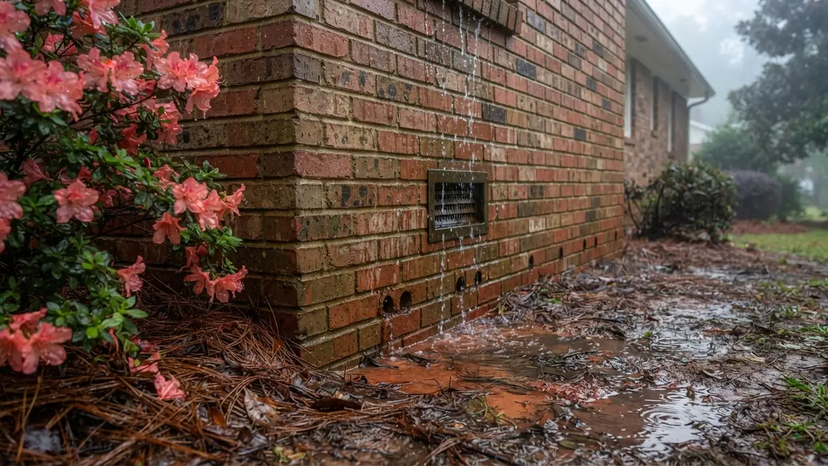 Brick crawl-space wall with a foundation vent and weep holes, azaleas and pine straw soaked by runoff (water extraction in Belton, SC)