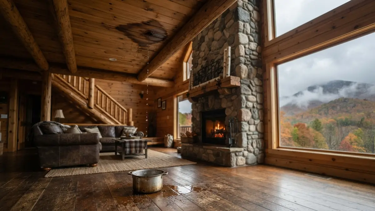 Log-and-stone mountain cabin great room with a water-stained ceiling dripping into a pot on the wood floor, autumn hills outside (water extraction in Blairsville, GA)