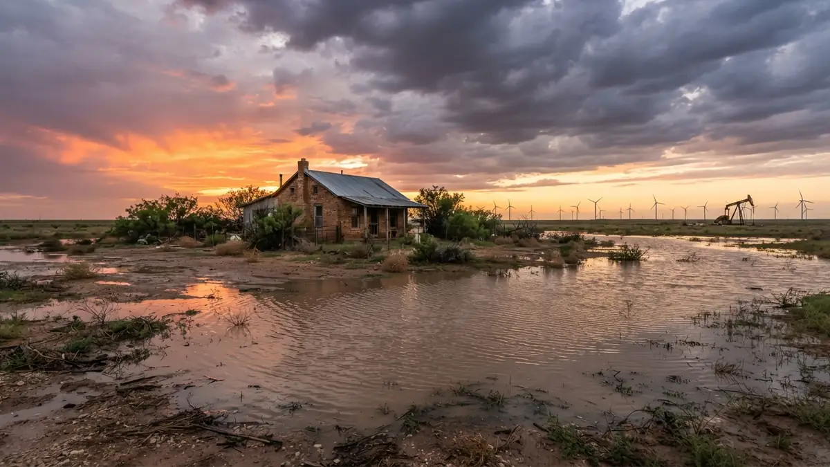 Old farmhouse on the West Texas plains at sunset surrounded by a flooded playa, with wind turbines and a pumpjack on the horizon (water extraction in Brownfield, TX)