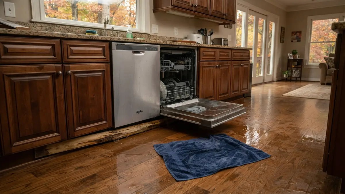Georgia kitchen with an open dishwasher and a water-soaked hardwood floor, autumn trees outside the windows (water extraction in Calhoun, GA)