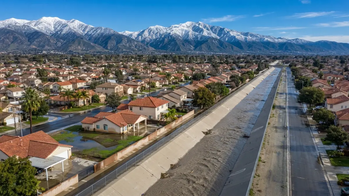 Aerial view of stucco tract homes with red tile roofs beside a flood-control channel under the snow-capped San Gabriel mountains, with standing water in a back yard (water extraction in Colton, CA)