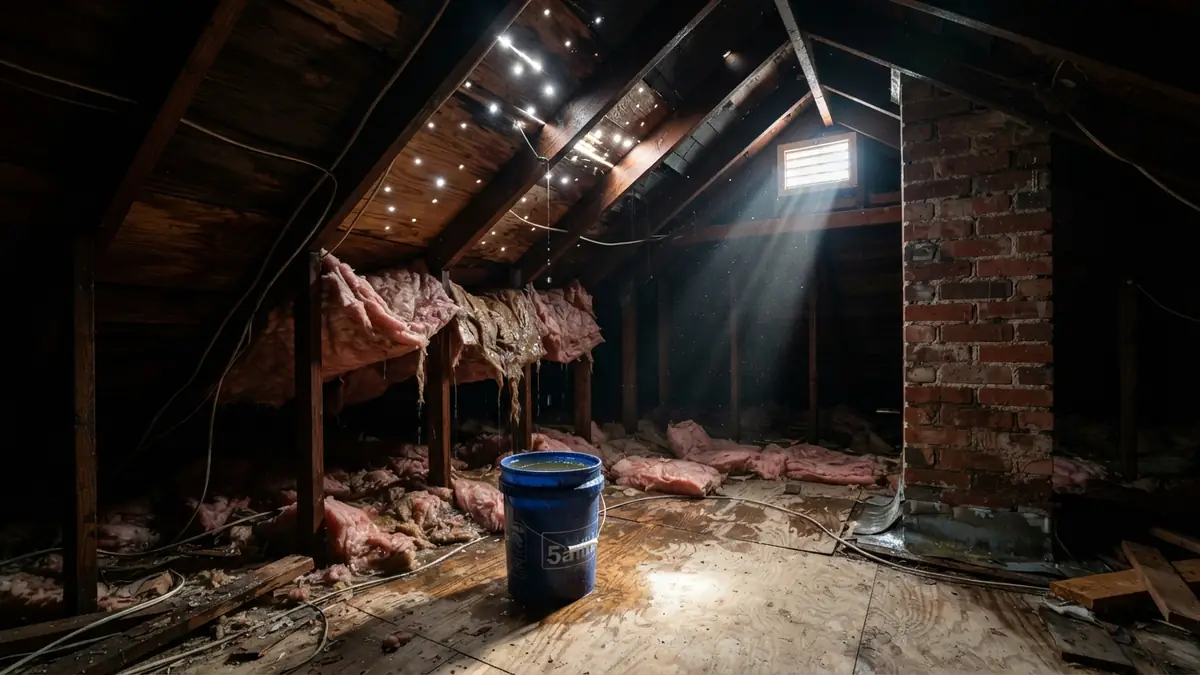 Attic of a brick North Texas home after hail, with wet insulation sagging between the rafters and a bucket catching drips (water extraction in Crowley, TX)