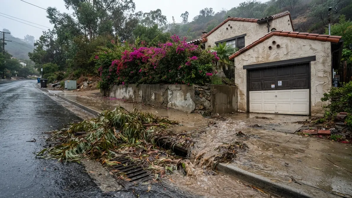 Canyon-hillside stucco home with bougainvillea where storm runoff and eucalyptus debris clog a curb storm drain (water extraction in El Cajon, CA)