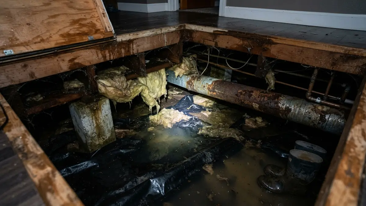 Crawl space under a craftsman home with standing water and sagging insulation (water extraction in Federal Way, WA)