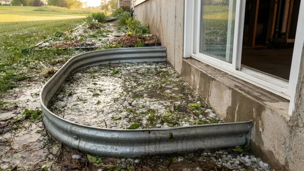 Basement window well full of rainwater and hail beside a Great Plains home (water extraction in Godfrey, IL)