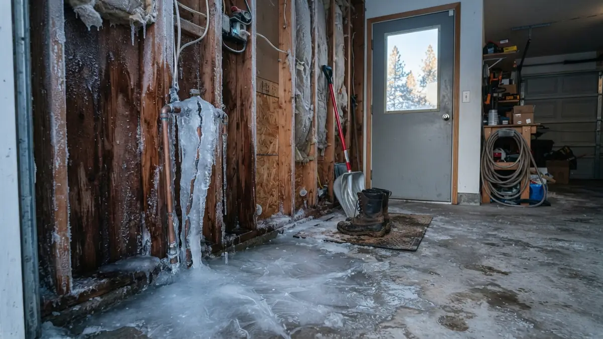 Garage with a burst frozen water line and ice on the wall and floor (water extraction in Greenacres, WA)