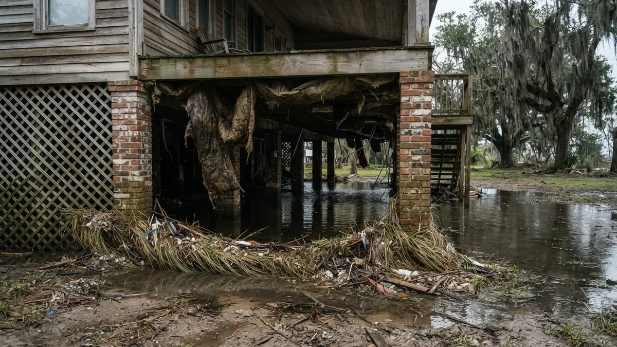 Underside of a raised Gulf Coast cottage on brick piers after storm surge, with standing water, sagging insulation and washed-in debris (water extraction in Gulfport, MS)