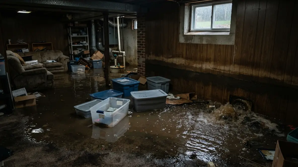 Finished New Jersey basement flooded by hurricane rain, with storage bins floating and the floor drain overflowing (water extraction in Hopewell Junction, NY)