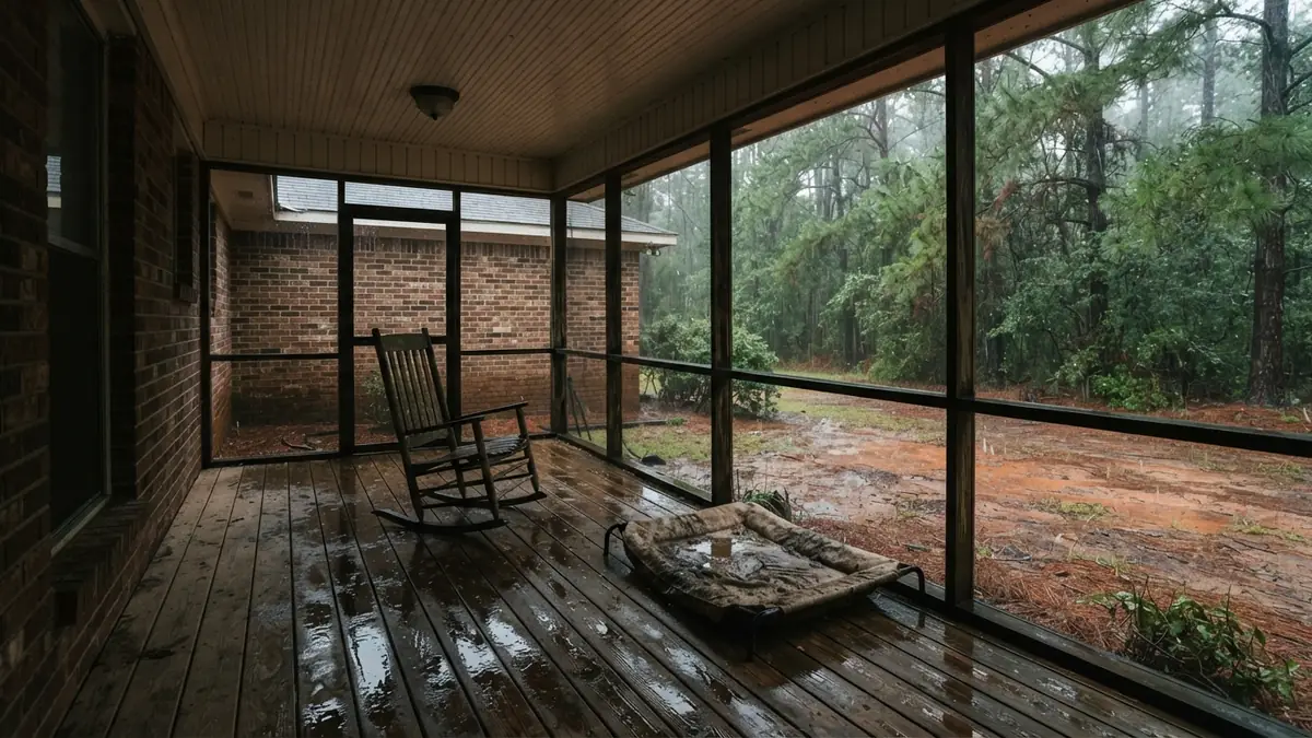 Screened porch of a southern brick ranch with a rocking chair, wet boards and red-clay runoff beyond the pines (water extraction in Jackson, MS)