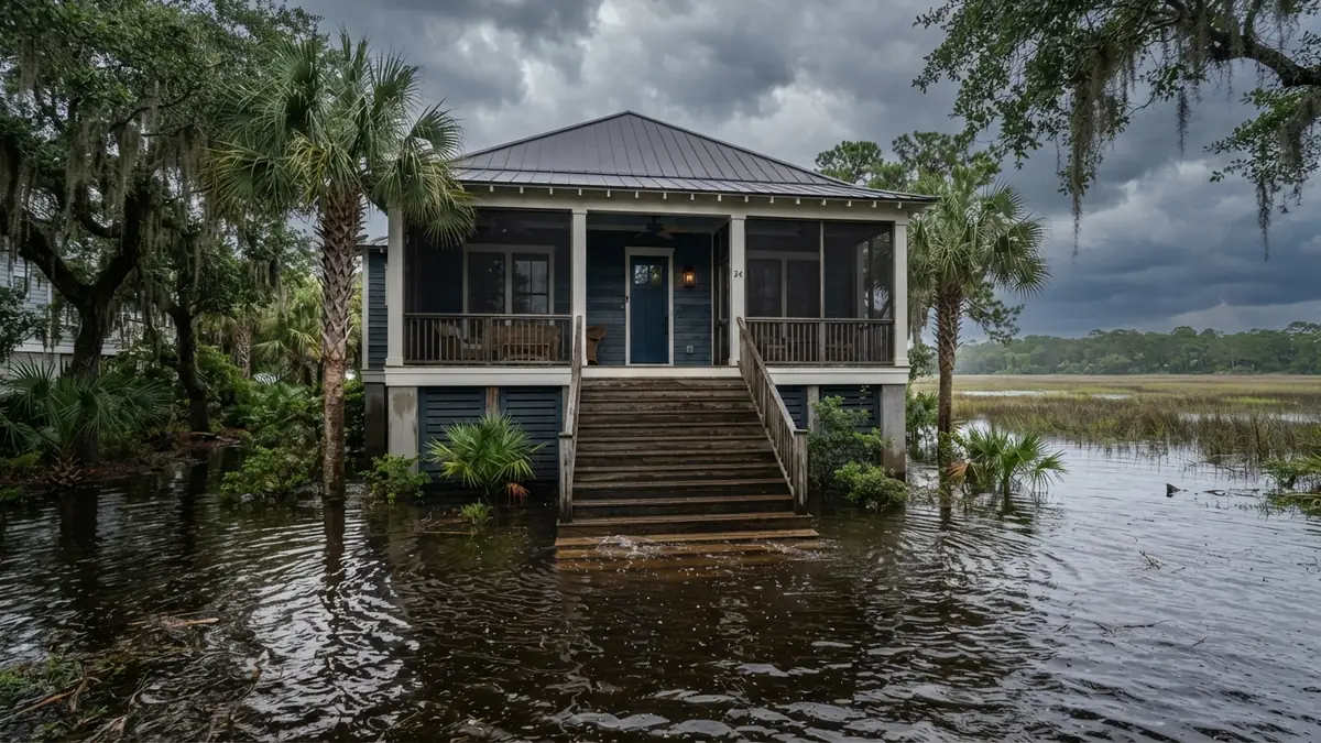 Raised low-country home with a screened porch and a flooded lawn from king-tide water, palmettos and tidal marsh behind (water extraction in Murrells Inlet, SC)