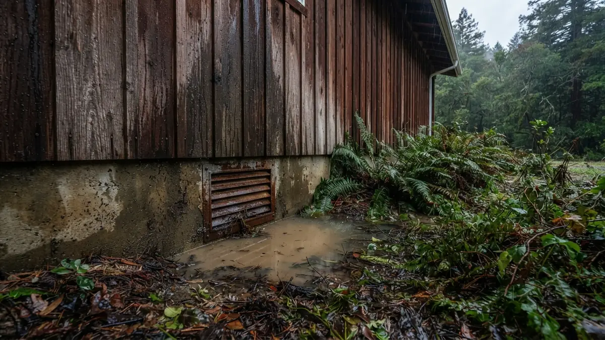Redwood board siding and a foundation vent on a central-coast home, with fern-choked muddy runoff pooling against the wall (water extraction in Ojai, CA)
