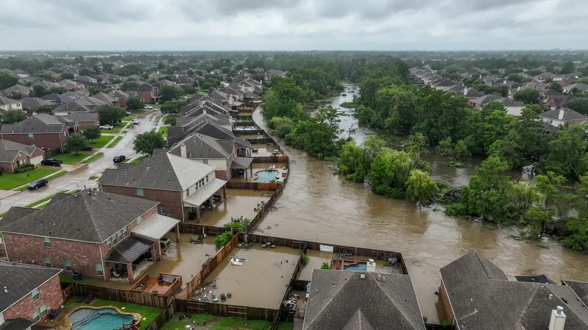 Aerial view of Houston-area brick homes backing onto a swollen bayou, with water in the back yards (water extraction in Pasadena, TX)