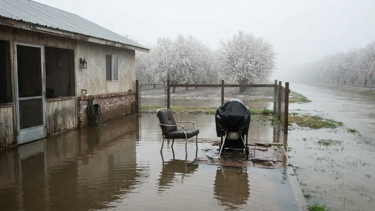 Flooded back patio of a ranch home in tule fog, with a lawn chair standing in water and almond trees in bloom beyond (water extraction in Ripon, CA)