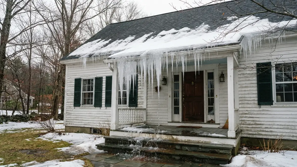 White clapboard cottage with ice dams and long icicles along the eaves and meltwater running down the steps (water extraction in Somerville, MA)