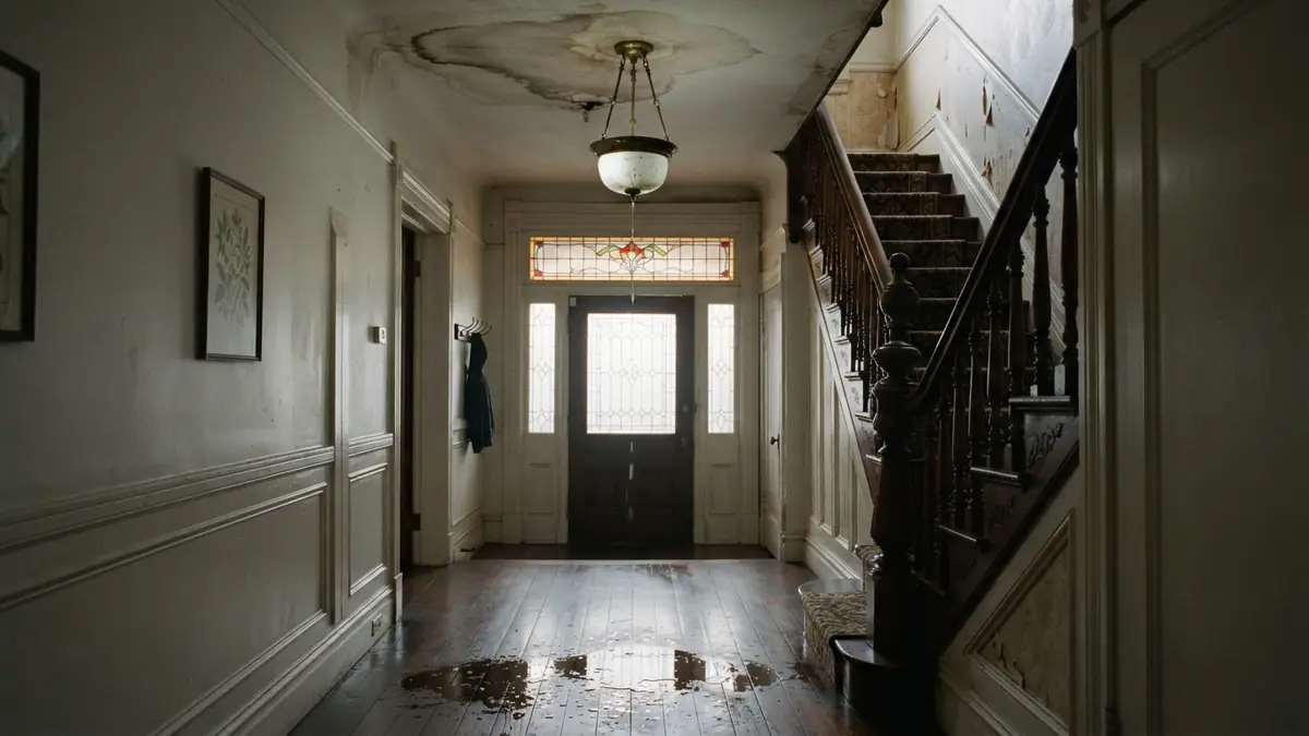Entry hallway of an older Bay Area home with a stained, bubbling ceiling and a puddle on the hardwood floor below (water extraction in Stanford, CA)