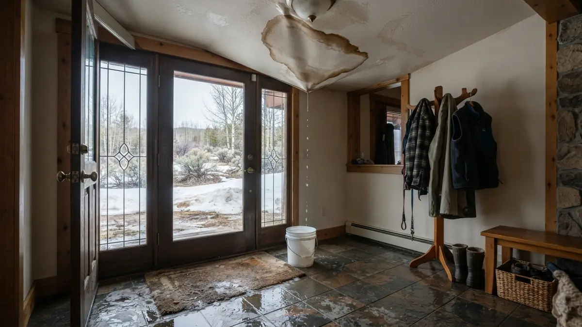 Foothills entryway with a water-stained ceiling dripping into a bucket during spring thaw (water extraction in Sun Valley, NV)