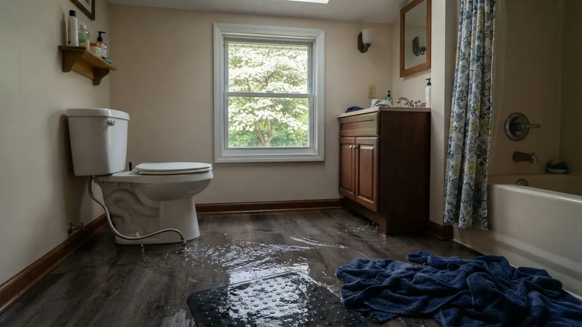 Tennessee bathroom with a supply line leak soaking the floor, a towel and a flowering dogwood outside the window (water extraction in Tullahoma, TN)