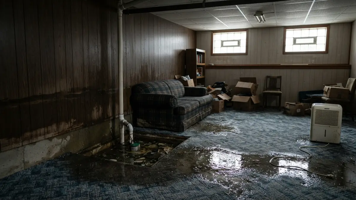 Finished Midwest basement with glass-block windows, a sump pit and flood-soaked carpet (water extraction in Whitewater, WI)