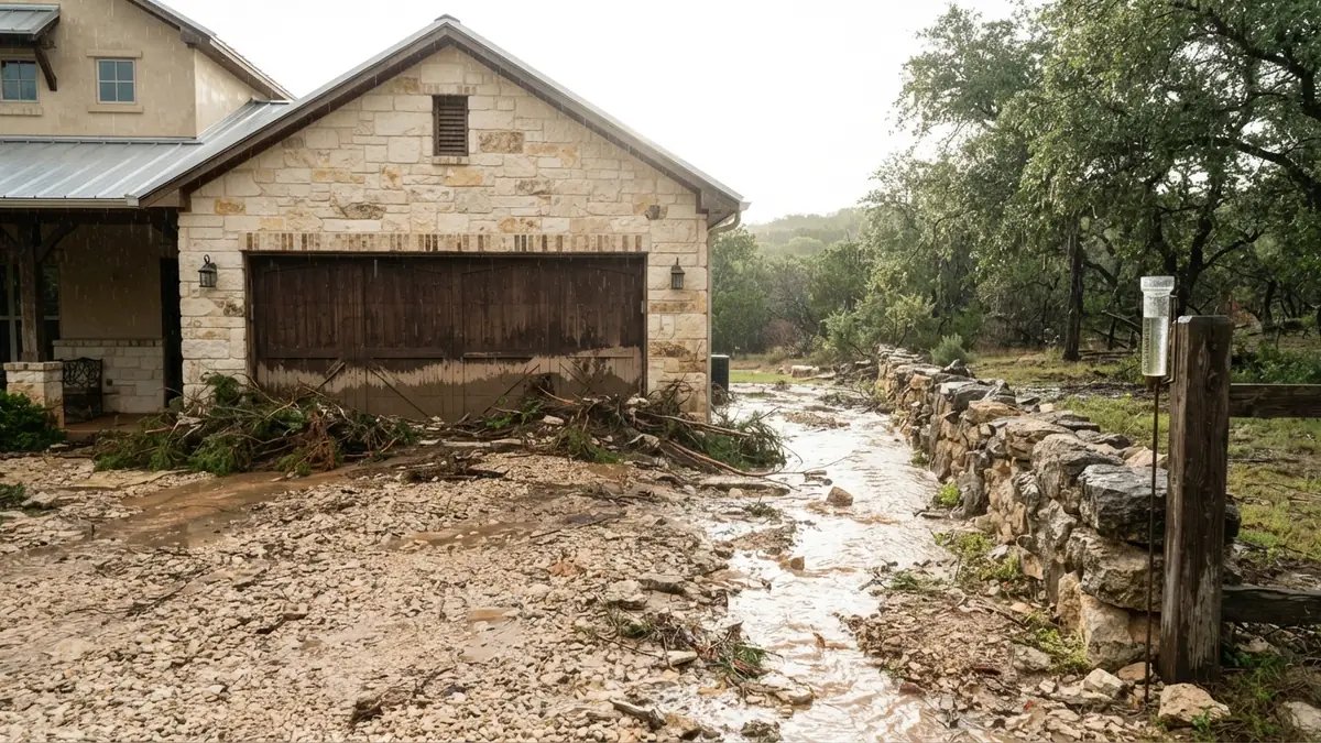Limestone Hill Country home with flood debris and muddy water against the garage door and a fieldstone wall (water extraction in Wimberley, TX)