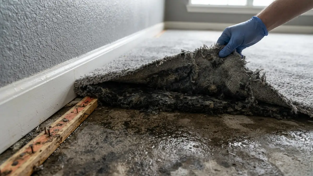 Soaked carpet pad exposed during water extraction in Tobyhanna, PA